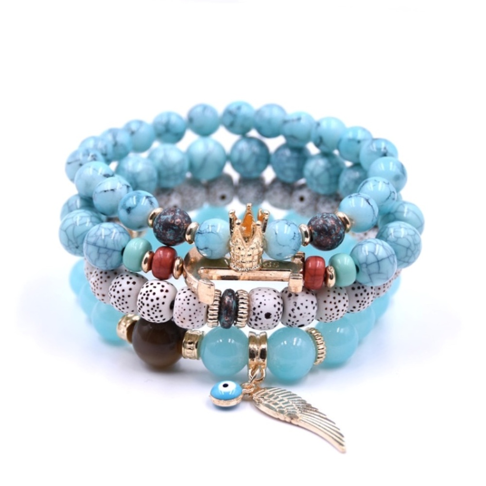 4-Turquoise Natural Beads Bracelets w/ Pouch - Picture 2 of 2